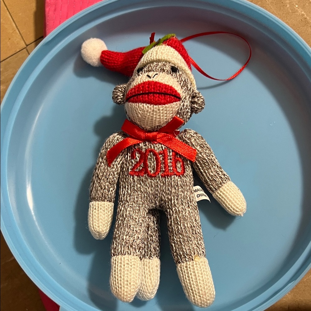 Festive Sock Monkey Ornament with Red Hat